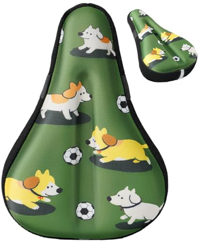Kids Bike Seat Cushion for Girls, Gel Padded Bike Seat Cover for Child, Breathable & Extra Soft Gel Memory Foam, Pink Child Bicycle Saddle Cushion 9x 6 (Green Dog)