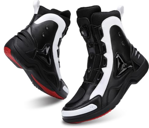 FHQGZT Chaussures de Moto pour Homme et Femme, Bottes de Moto Motard en Cuir Respirant avec Maintien de la Cheville, Semelles antidérapantes hydrofuges