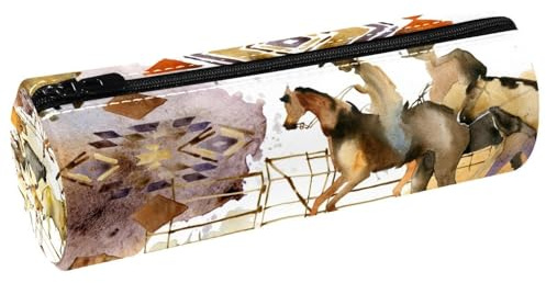 VAPOKF Trousse à crayons tribal cowboy et cheval qui court, trousse à crayons en cuir synthétique pour étudiants, papeterie, trousse de maquillage pour femmes, filles, garçons, enfants, fournitures