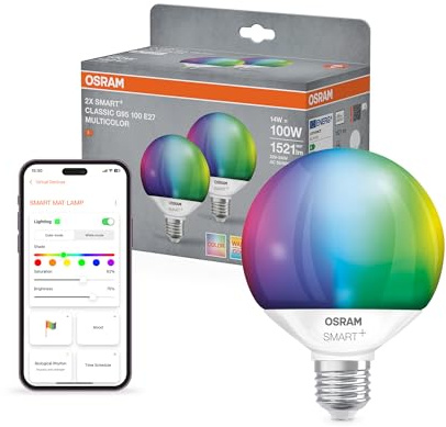 Osram SMART+ Globe Birne mit Matter over Wifi, Vorteilspack mit 2 Stück, E14-Sockel, 14W, 16 Mio RGB-Farben, warmweiß-tageslichtweiß (2700-6500K), funktioniert mit Alexa, Google und Apple, 2er-Pack