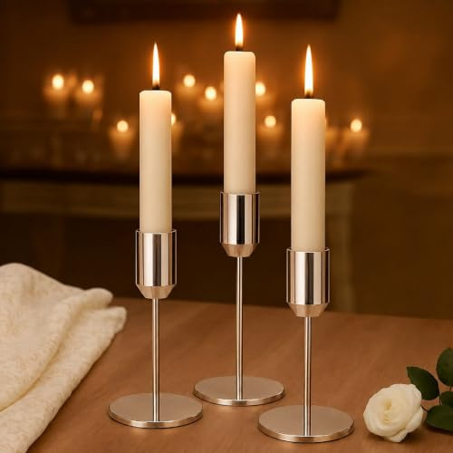 Alcohu 3er Set Goldene Kerzenständer Aus Metall – Vintage Stabkerzenhalter für Esstisch, Kamin & Wohnzimmer, Elegante Tischdeko für Hochzeit, Abendessen, Passend für Standard-Stabkerzen (Ø 2,2 cm)