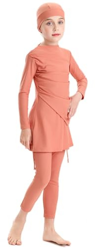 Odizli Burkini Swimwear for Girls Kids Modest Swimsuit Solid Color Long Sleeve Top+Pants+Hijab Full Body Muslim Islamic Swimming Costume Wetsuit Bathing Suit Rash Guard Beachwear Orange 9-10 Years
