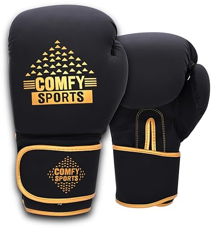 Comfy Boxing Gloves With Triangle logo, Pro Training Sparring, Muay Thai MMA Kickboxing, Maya Hide Leather Men Women Adult, Heavy Punching Bag Mitts Pads Workout, 10,12,14,16 oz (Gold, 12 oz)