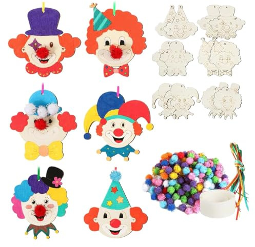OIXYEY 1 Set Carnaval Bricolage Clown En Bois, Cirque D’Enfant Pendentif Clown Kits, Loisirs Créatifs Pour Filles, 100Pcs Pompons Multicolore, Ensemble De Décoration, Pour Enfants Ans Et Plus A