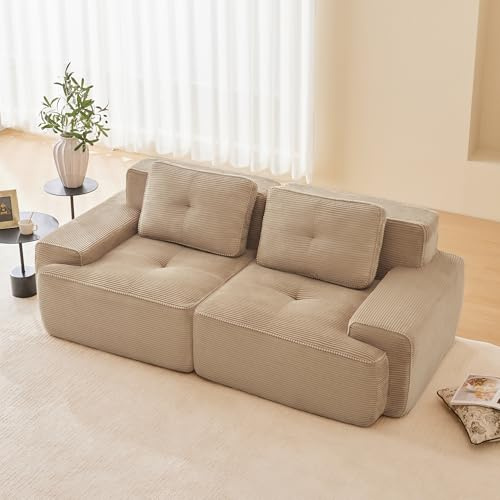 Bladez Sofá modular de pana moderno de 2 plazas, sofá con apoyo cómodo y asiento bajo, sin montaje, espuma 32D de alta elasticidad (caqui claro, 2 plazas)