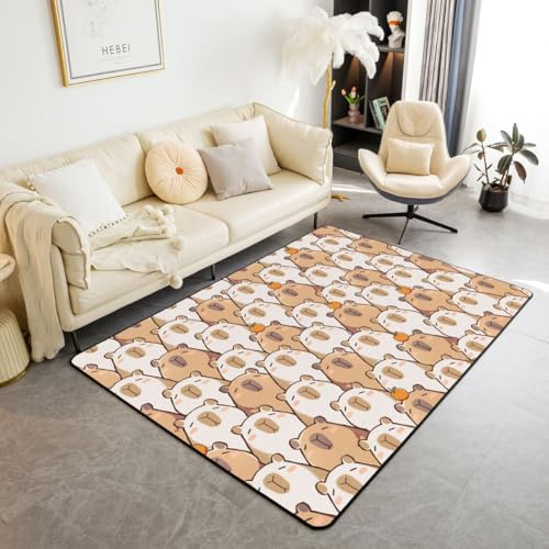Erosebridal Capybara Cartoon Brown Yellow Area Rug 6'6 x 4'11 | Cute Rodent Animal Living Room Rugs Kawaii Decorative Carpet Capybara Lovers Rectangular Indoor Floor Mat
