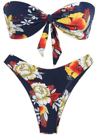 ZAFUL Knotted Bandeau Bikini for Women Strapless Swimsuits High Cut Bathing Suit Sexy 2 Piece Swimwear Navy Floral S