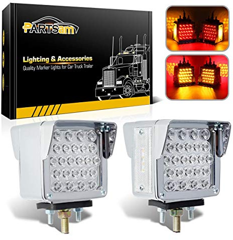 Partsam Double Face Square LED Fender Pedestal Lights Amber/Red 52 LED 3 Studs Mount Truck Trailer Stop Tail Turn Signal Lights Chrome Visor Waterproof w/Side Reflex Clearance Lights Clear Lens