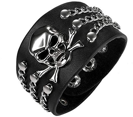 Flongo herrarmband män armband läderarmband stort brett läder armband med dödskalle skalle nitar flätade kedjor svart män accessoarer punk biker storlekar justerbara, 6,69''(17cm)-8,46''(21,5cm),