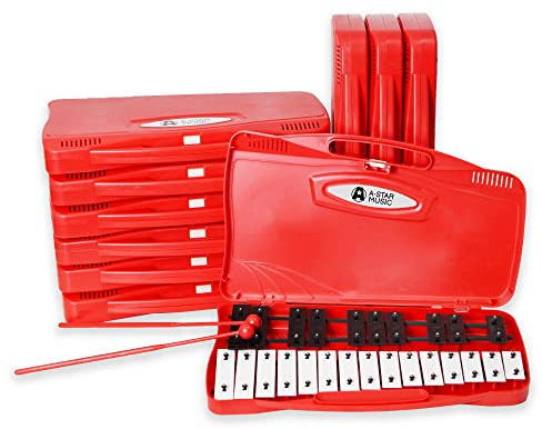 A-Star 25-Noten-Sopran-Chromatisches Glockenspiel-Xylophon in rotem Gehäuse und zwei Kunststoffschlägeln – 2 Oktaven G5 bis G7 – 10er-Pack