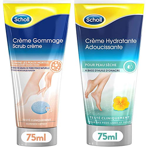 Scholl Crème Pieds Gommage - Crème Hydratante Adoucissante - Lot de 2 crèmes 75ml