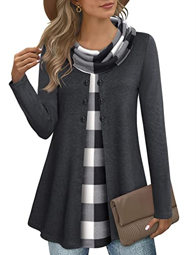 Gaharu Winter Pullover für Damen Lang Oversize Elegant Große Größen Damenpullislangarm Longbluse Langarm Lässig Tunika in A-Linien Form Longsleeve Schwarz Weiß Kariert,XL