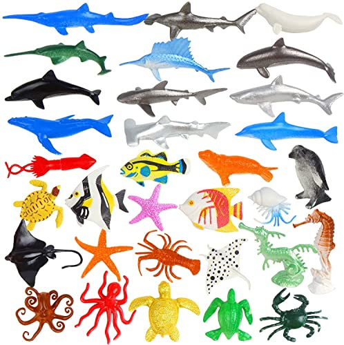 DERAYEE 32 Figurines Animaux Marins, Jouets de Bain - Jouets d’Apprentissage de la Vie Marine, Cadeaux pour Enfants
