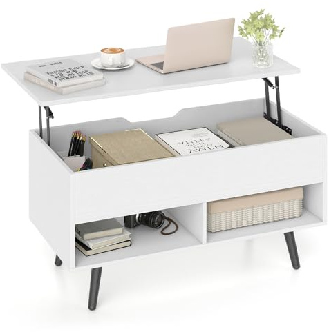 COSTWAY Lift Up Top Coffee Table, Wooden Lifting Cocktail Center Table with Hidden Storage Compartment and Open Shelves, Rectangle Accent Sofa Side Tea Tables for Living Room Office (White)