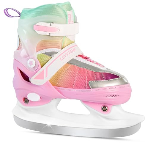LEVYTEMP Adjustable Ice Skates for Kids Girls Boys - Gradient Pink Rainbow Youth Ice Skating Shoes - Sizes Large Ages 8-12 - Ice Skates for Outdoor and Rink