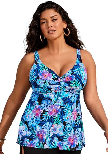 Swimsuits For All Women's Bra Sized Sweetheart Underwire Tankini Top - 40 F, Blue Black Hibiscus (Plus