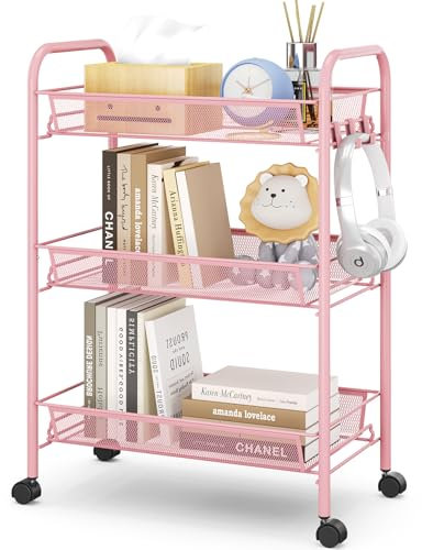 Urackify 3-stöckiger Rollwagen, Multifunktionaler mobiler Küchenwagen für Bad, Küche & Waschküche. Rostbeständiges Metall, atmungsaktiver Netzkorb & Seitenhaken inklusive. Einfache Montage, Rosa