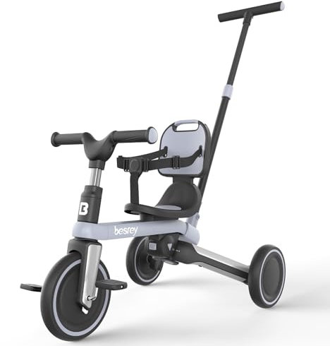 besrey Kleinkinder-Dreirad mit elterngesteuertem Schiebegriff für 1–3 Jahre alte Mädchen und Jungen, Kleinkinderfahrrad mit abnehmbaren Pedalen, faltbares Kinder-Schiebedreirad, Dunkelgrau