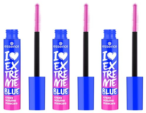 essence I LOVE EXTREME BLUE crazy volume mascara, Blau, langanhaltend, schwunggebend, Extremes Volumen, vegan, ohne Mikroplastikpartikel, Nanopartikel frei, ohne Parfüm, 3er Pack (3x12ml)