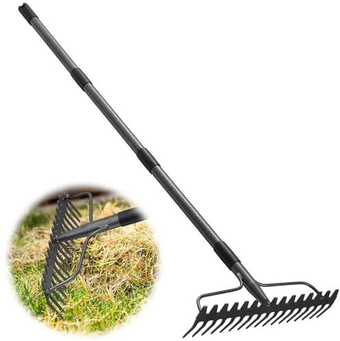 Rake, 17 Tines with 49 Inch Handle, 17 Inch Wide Heavy Duty Garden Thatch Leaf Rake for Raking Leaf Loosening Soil Gathering Mulch Leveling Rocks, Rustproof Metal Bow Rakes for Leaves Grass