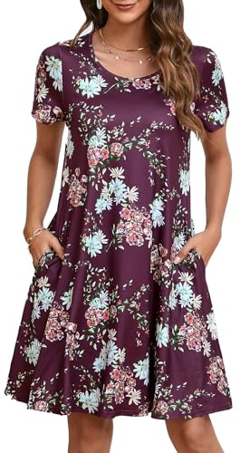 Enmain Dam T-shirtklänning kortärmad sommartunika klänning med fickor ledig boho knälånga klänningar för kvinnor, Bourgogne, S