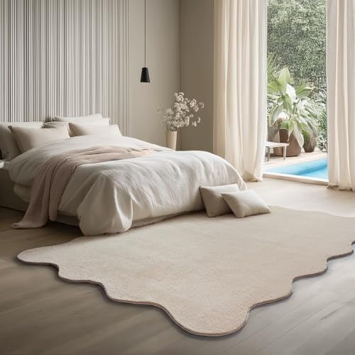 the carpet Lina Shape Scallop Alfombra, Piel sintética, Alfombra mullida, Base Antideslizante, Lavable, súper Suave, Beige, 140 x 200 cm