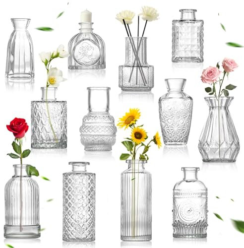 WUSUPU Lot de 12 Mini vases en Verre Vintage,Petits Centres de Table en Verre Mini Vase à Roses Transparentes Différentes Tailles pour Décoration de Table La Maison Mariage