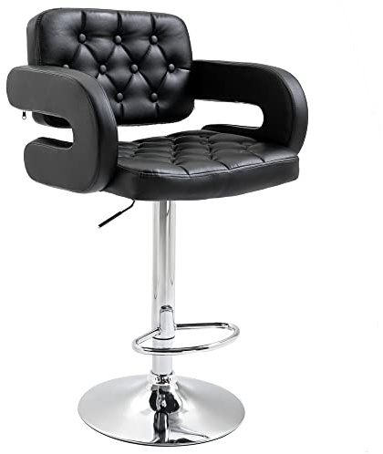 HOMCOM Barhocker 360° drehbar, höhenverstellbarer Barstuhl mit Rückenlehne, Fußstütze und Armlehnen, Hochstuhl Küche, Esszimmer, Theke, schwarz