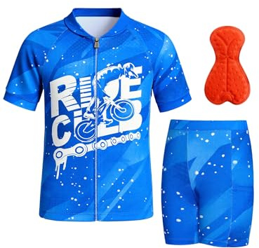 Gogokids Boys Cycling Jersey Set 3D Padded Bike Suit Kids Road Mountain Riding Shorts Bicycle Sportswear, Blue, 9-10 Years