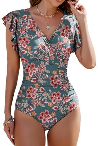 Vancavoo Endelad baddräkt för kvinnor push-up V-ringning kurviga eleganta volangärmar strandkläder badkläder strand sommar, Orange tryck, XL