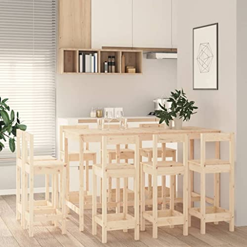Plumbpyr Set da bar in legno massello di pino con 1 tavolo da bar e 8 sedie da bar 180 x 80 x 110 cm, set da pranzo per soggiorno rustico in legno di pino robusto, gruppo da pranzo per famiglia e