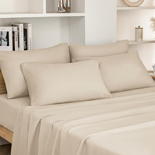 HOMEIDEAS 4 Piece Bed Sheets Set Extra Soft Brushed Microfiber 1800 Bedding Sheets - Deep Pocket, Wrinkle & Fade Free(Super King,Cream)