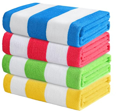 Exclusivo Mezcla 4 Pack Beach Towels, Large Microfiber Striped Beach Bath Pool Towel Set for Kids and Adults, Lightweight and Absorbent, 30x60 Inches, Blue/Green/Yellow/Red