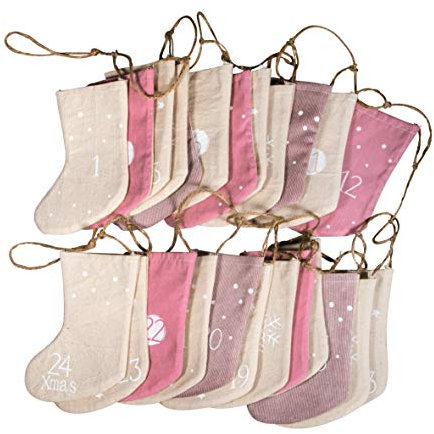 Rayher 46557000 Adventskalender Weihnachtsstrümpfe zum Befüllen, Stoff, 24 Strümpfe an Juteschnur 220 cm, Rose/Gemisch – Töne, Normal