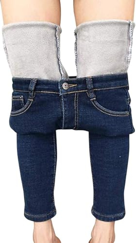 LAEMILIA Kvinnors vinter fleecefodrade stretchiga jeggings hög midja smala jeans yoga denimbyxor, Mörkblått, M