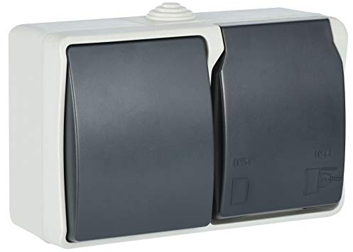Electraline 605909 Toma de pared et interruptor horizontal, 1 toma Schuko 16A 2P + T con tapa, Apto para ambientes exteriores y húmedos, protección IP44, Aquatop, Gris/antracita