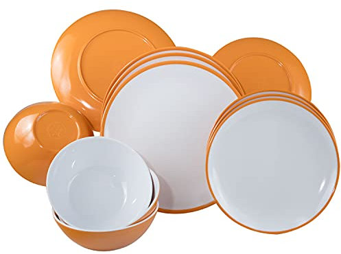 Vaisselle de camping en mélamine pour 4 personnes – 12 pièces – Vaisselle de camping – Jaune et blanc – Vaisselle élégante passe au lave-vaisselle