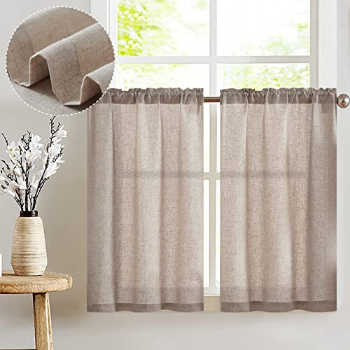 Vangao Rideaux Cuisine en Lin Translucides Courts à Passe Tringle - Intérieurs Modernes pour Salon, Placard, Chambre, Fenêtre - Décoration 2 Pièces 65x90cm Marron