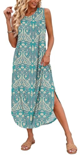 AUSELILY Maxi Dress for Women UK Casual Summer Long Dress Beach Cover-Ups Sun Dresses Women Sleeveless T Shirt Tank Dresses with Pockets Boho Floral Green1 XL