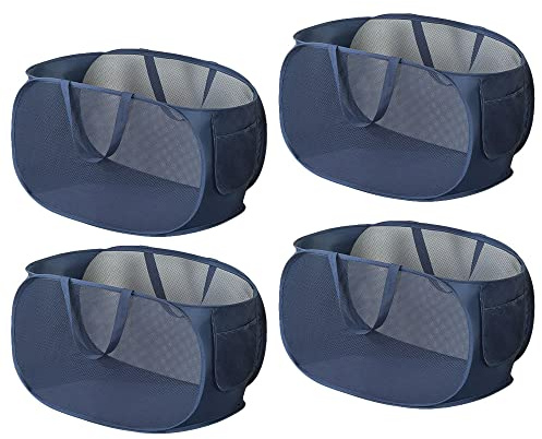 Rubruan 4 Piece Popup Mesh Laundry Basket Durable Handles Collapsible Laundry Baskets Folding Clothes Pastic Hamper for Laundry Room College Dorm (Navy Blue)