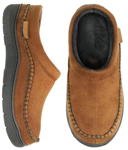 Zigzagger Men's Slip On Moccasin Slippers, Indoor/Outdoor Warm Fuzzy Comfy House Shoes, Fluffy Wide Loafer Slippers,Cold Tawny, 13-14 D(M) US