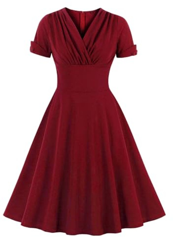 Wellwits Robe portefeuille à col en V pour femme - Taille haute - Style rétro années 40, 50, 60, Manches courtes rouges, 40-42