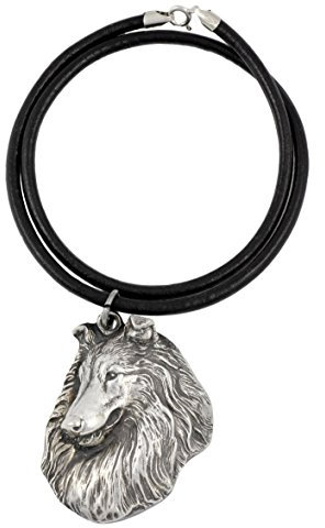 Art-Dog Silverpläterad hundhänge på en läderrem - Hundhalsband från ArtDog Collection – Silverhundhalsband för män och kvinnor – Smycken av hundraser – Rough Collie