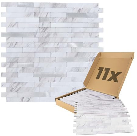 Dalsys Wandpaneele selbstklebend Steinoptik 1m², 11 Stück Weiß Silber Wandverkleidung feuchtigskeitsbeständig, Premium Qualität für Bad und Küche, Quadrat Rechteck Form