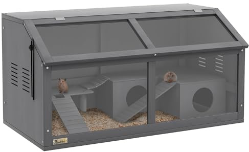 PawHut Wooden Hamster Cage, Gerbil Cage for Syrian Hamster with Exercise Play House, Openable Top 85 x 45 x 44cm - Grey
