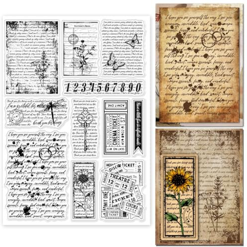 GLOBLELAND Transparente Stempel Im Vintage Text Hintergrund Zum Basteln von Karten Retro Blumen Schmetterlinge Transparente Stempelsiegel 5.83x8.27 Zoll Für DIY Scrapbooking Fotoalbum Tagebuch