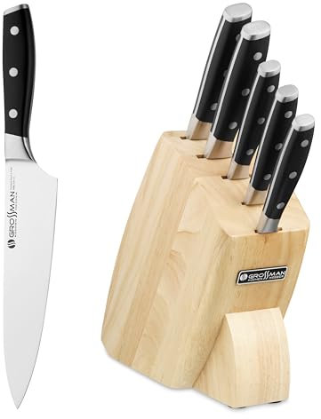 GROSSMAN® Ontario Bloque de cuchillos | Juego de 5 piezas con cuchillas de acero inoxidable alemán | Bloque de madera de caucho | Cuchillos de cocina (Beige | Negro profundo)