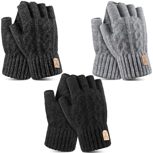 ViEinkaufen 3 Pairs Fingerless Gloves Thermal Half Finger Gloves Winter Thickened Knitted Gloves Warm Mittens Unisex for Outdoor Driving Running Biking Cycling Working for Men Women, Black Gray