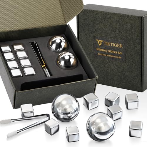 Tiktiger Whiskey Ice Cubes Set, Reusable Metal Ice Cubes for Drinking with 8 Stainless Steel Ice Cubes and 2 Ice 55mm Ball,Gifts for Men Dad Husband Women, Birthday Gifts for Whiskey Lover