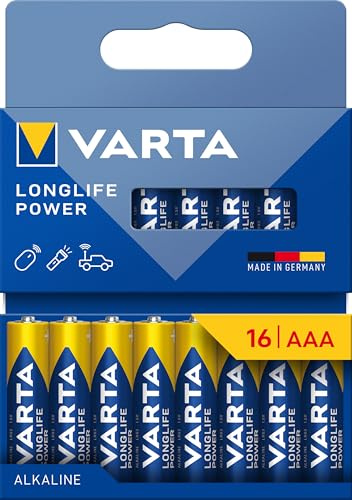 VARTA Piles AAA, lot de 16, Longlife Power, Alcalines, 1,5V, emballage recyclé à 90%, adaptées aux jouets, souris sans fil, lampes de poche, Made in Germany